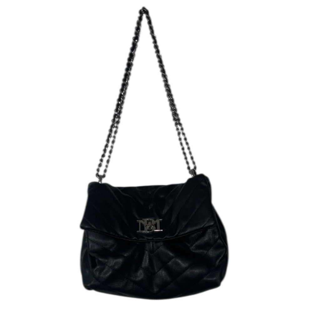 Badgley Mischka Black Quilt Leather Long Chain Crossbody Bags Purse Silver Small